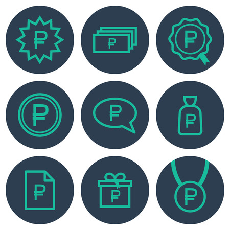 Set of icons about money with ruble symbols: teal line art icons on round blue backdropsのイラスト素材