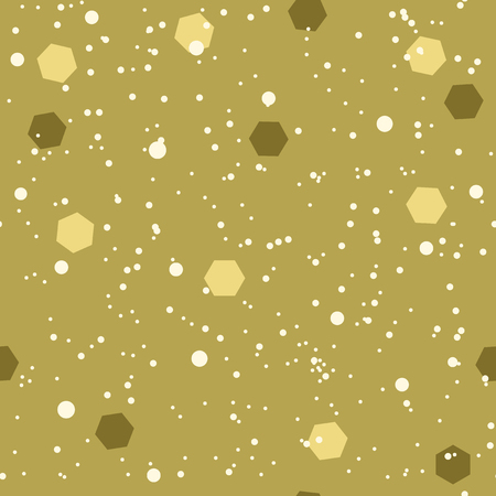Snow pattern with hexagonal confetti. Seamless vector background with light and dark hexagons and white dots on ocher backdropのイラスト素材