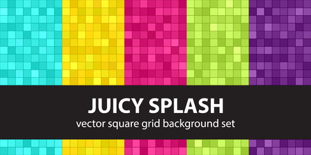 Square pattern set "Juicy Splash". Vector seamless geometric backgrounds: cyan, yellow, rose, green, violet squares on dark colored backdropsのイラスト素材