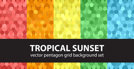 Pentagon pattern set "Tropical Sunset". Vector seamless geometric backgrounds with red, orange, yellow, green, blue pentagons on gradient backdropsのイラスト素材