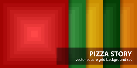 Square pattern set "Pizza Story". Vector seamless geometric backgrounds with red, light green, yellow, green, orange squaresのイラスト素材
