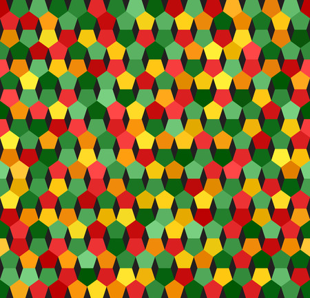 Pentagon pattern. A seamless geometric background with red, light green, yellow, green, orange pentagons on black backdropのイラスト素材