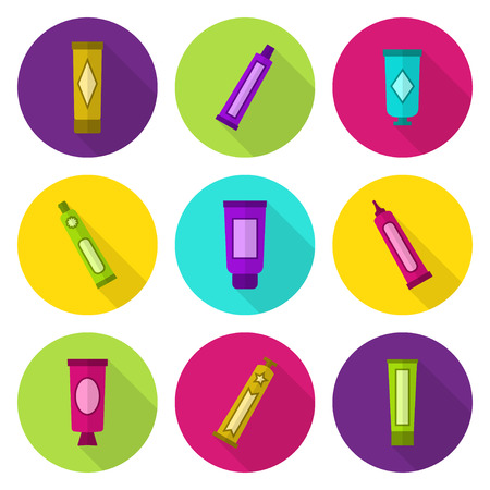 Cosmetic tubes vector flat icon set. Bright colors: violet, green, rose, yellow, cyanのイラスト素材
