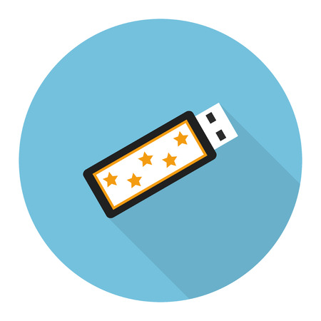 Flat USB flash drive vector illustration: black USB flash drive with white sticker with yellow starsのイラスト素材