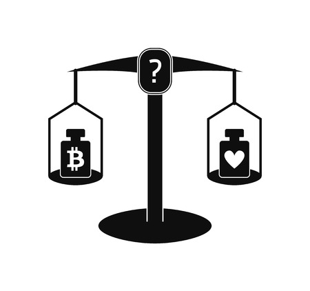 Monochrome vector illustration: pharmaceutical scales with two weights on different cups, bitcoin symbol is placed on one weight and heart symbol is placed on anotherのイラスト素材
