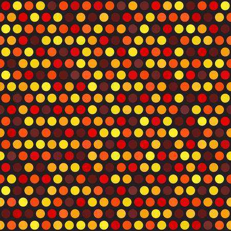 Polka dot pattern. Seamless vector dot background: maroon, red, orange, gold, yellow circles on black backdropのイラスト素材