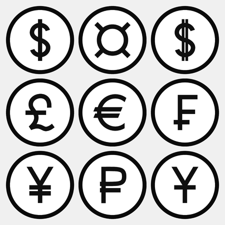 Set of monochrome icons with different currency symbols: black symbols in white circles with black strikeのイラスト素材