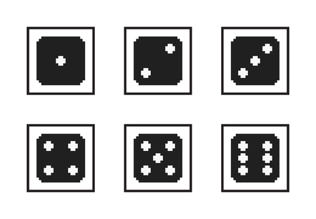 Monochrome pixel-art vector icon set: pixelated black dices with white dots, with numbers from one to six on the upper side, in black frames, size 30x30 pxのイラスト素材