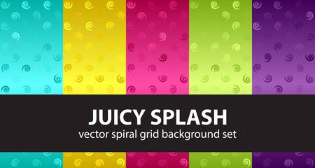 Spiral pattern set Juicy Splash. Vector seamless backgrounds - cyan, yellow, rose, green, violet spirals on gradient backdropsのイラスト素材