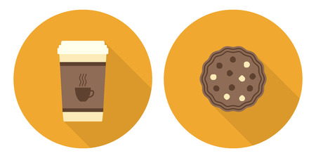 Flat illustration set, cup of coffee and cookie on orange backdropsのイラスト素材