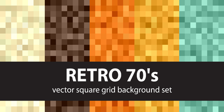 Pixel pattern set Retro 70s. Vector seamless pixel art backgrounds with beige, brown, orange, yellow, green squaresのイラスト素材