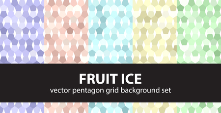 Pentagon pattern set Fruit Ice. Vector seamless geometric backgrounds - violet, rose, cyan, yellow, green pentagons on white backdropsのイラスト素材