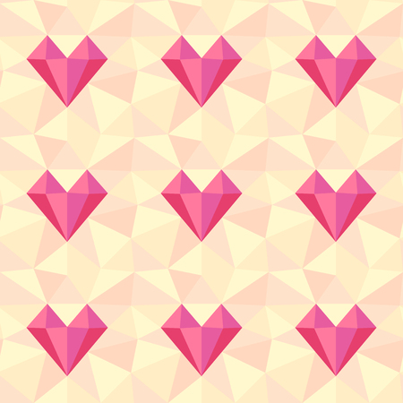 Heart pattern. Low poly vector seamless background with rose hearts made of triangles on beige backdropのイラスト素材
