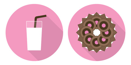 Flat illustration set - glass of milk, plate with cookies and wafers on pink backdropsのイラスト素材