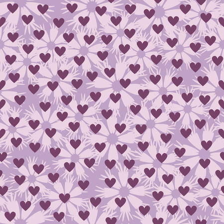 Flower pattern with hearts. Seamless vector background - light lilac flowers and hearts on violet backdropのイラスト素材
