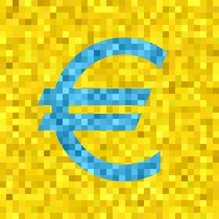 Pixel vector quadratic grid illustration - low-poly light blue euro symbol on yellow backgroundのイラスト素材