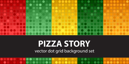 Polka dot pattern set Pizza Story. Vector seamless geometric dot backgrounds - red, light green, yellow, and more.のイラスト素材