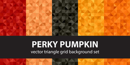 Triangle pattern set Perky Pumpkin. Vector seamless geometric backgrounds with red, peach, black, orange, pumpkin right trianglesのイラスト素材