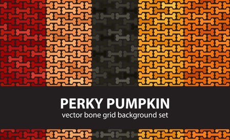 Bone pattern set Perky Pumpkin. Vector seamless backgrounds - red, peach, black, orange, pumpkin bones on black backdropのイラスト素材
