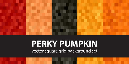 Square pattern set Perky Pumpkin. Vector seamless tile backgrounds with red, peach, black, orange, pumpkin squaresのイラスト素材
