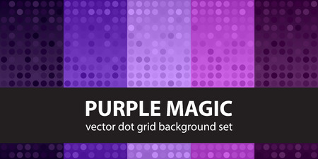 Polka dot pattern set Purple Magic. Vector seamless geometric dot backgrounds - amethyst, lavender, plum, purple, violet circles on gradient backdropsのイラスト素材