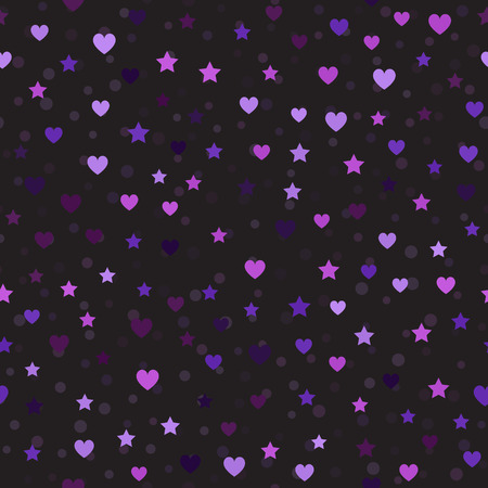 Heart and star pattern with spots. Seamless vector background - amethyst, lavender, plum, purple, violet hearts, stars and spots on black backdropのイラスト素材