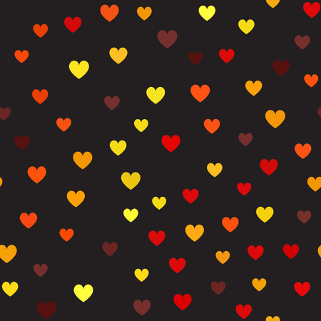 Heart pattern. Seamless vector background - maroon, red, orange, gold, yellow hearts on black backdropのイラスト素材