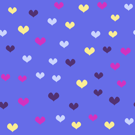 Heart pattern. Seamless vector background - rose, purple, yellow, lavender hearts on blue backdropのイラスト素材