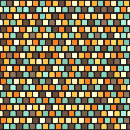 Square pattern Vector seamless retro background beige, brown, orange, yellow, green rounded squares on black backdropのイラスト素材