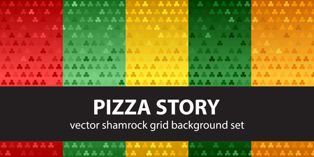 Shamrock pattern set Pizza Story. Vector seamless backgrounds - red, light green, yellow, green, orange trefoils on gradient backdropsのイラスト素材