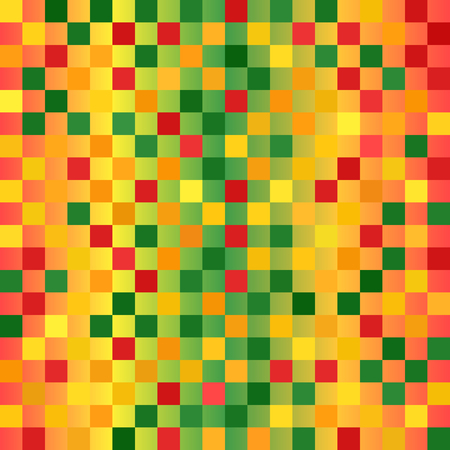 Glowing checkered pattern. Seamless vector background - red, light green, yellow, green, orange squares on gradient backdropのイラスト素材