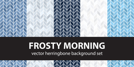 Herringbone pattern set Frosty Morning. Vector seamless parquet backgrounds - blue, gray and white polygons on white backdropsのイラスト素材