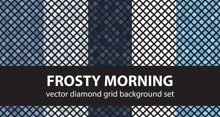 Diamond pattern set Frosty Morning. Vector seamless tile backgrounds - blue, gray and white rounded diamonds on black backdropsのイラスト素材