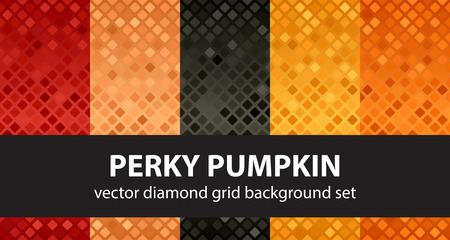 Diamond pattern set Perky Pumpkin. Vector seamless geometric backgrounds - red, peach, black, orange, pumpkin rounded diamonds on gradient backdropsのイラスト素材