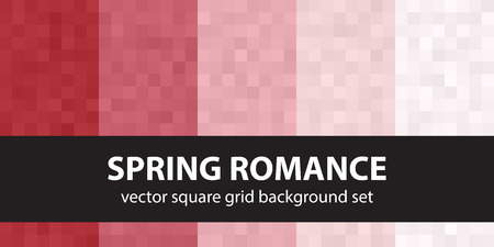 Pixel pattern set Spring Romance. Vector seamless pixel art backgrounds with red, rose and pink squaresのイラスト素材