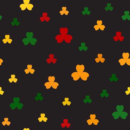 Shamrock pattern. Seamless vector background - red, yellow, green, orange trefoils on black backdropのイラスト素材