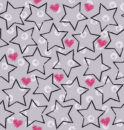 Star, heart pattern. Seamless vector background - black stars, rose hearts and white rings on gray backdropのイラスト素材