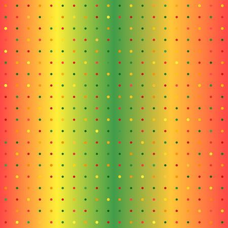 Gradient polka dot background. Seamless vector pattern - red, yellow, green, orange dots of different size on glowing backdropのイラスト素材