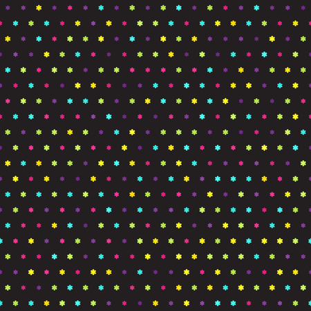 Flower pattern. Seamless vector background - cyan, yellow, rose, green, violet daisies of different size on black backdropのイラスト素材