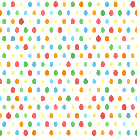 Bright egg pattern. Seamless vector background - red, orange, yellow, green, blue eggs of different size on white backdropのイラスト素材