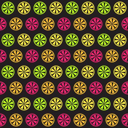 Citrus pattern. Seamless vector background - lemon, orange, lime, grapefruit slices on black backdropのイラスト素材