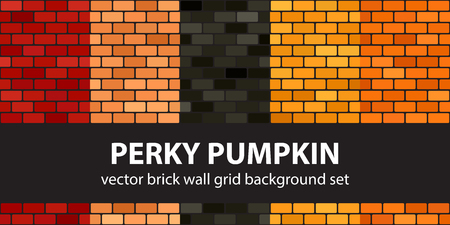 Brick pattern set Perky Pumpkin. Vector seamless brick wall backgrounds - red, peach, black, orange, pumpkin rounded bricks on black backdropsのイラスト素材