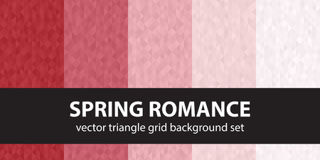 Triangle pattern set Spring Romance. Vector seamless geometric backgrounds with red, rose and pink trianglesのイラスト素材