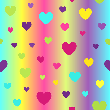 Glossy heart pattern. Seamless vector background - cyan, yellow, rose, green, violet hearts on gradient backdropのイラスト素材