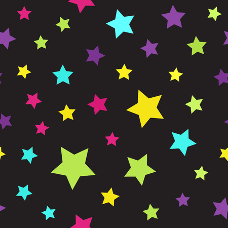 Star pattern. Seamless vector background - cyan, yellow, rose, green, violet stars on black backdropのイラスト素材