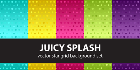 Star pattern set Juicy Splash. Vector seamless backgrounds - cyan, yellow, rose, green, violet stars on gradient backdropsのイラスト素材