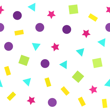 Bright geometric pattern. Seamless vector background - multicolor triangles, circles, rectangles, squares, stars on white backdropのイラスト素材