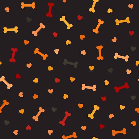 Bone pattern with hearts. Seamless vector background - red, peach, black, orange, pumpkin bones and hearts on black backdropのイラスト素材