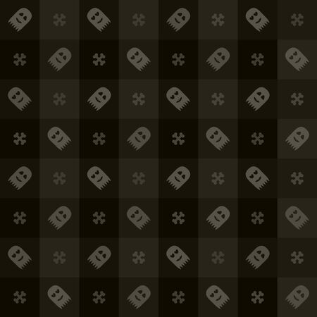 Gray halloween pattern with ghosts and bones. Seamless vector background - light gray grinning ghosts, ghosts in love and crossed bones on gray and black squaresのイラスト素材