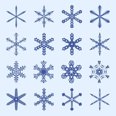 Snowflakes and icicles winter vector set: blue silhouettes on light blue backdropのイラスト素材